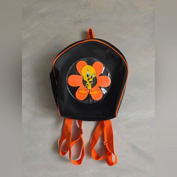 Vintage Tweety Bird Backpack Purse Neon Orange Black Bowler Round 1998 Looney main image 6